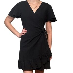 Relipop 100% Cotton Washed Black Wrap Mini Dress with Side Bow Tie
